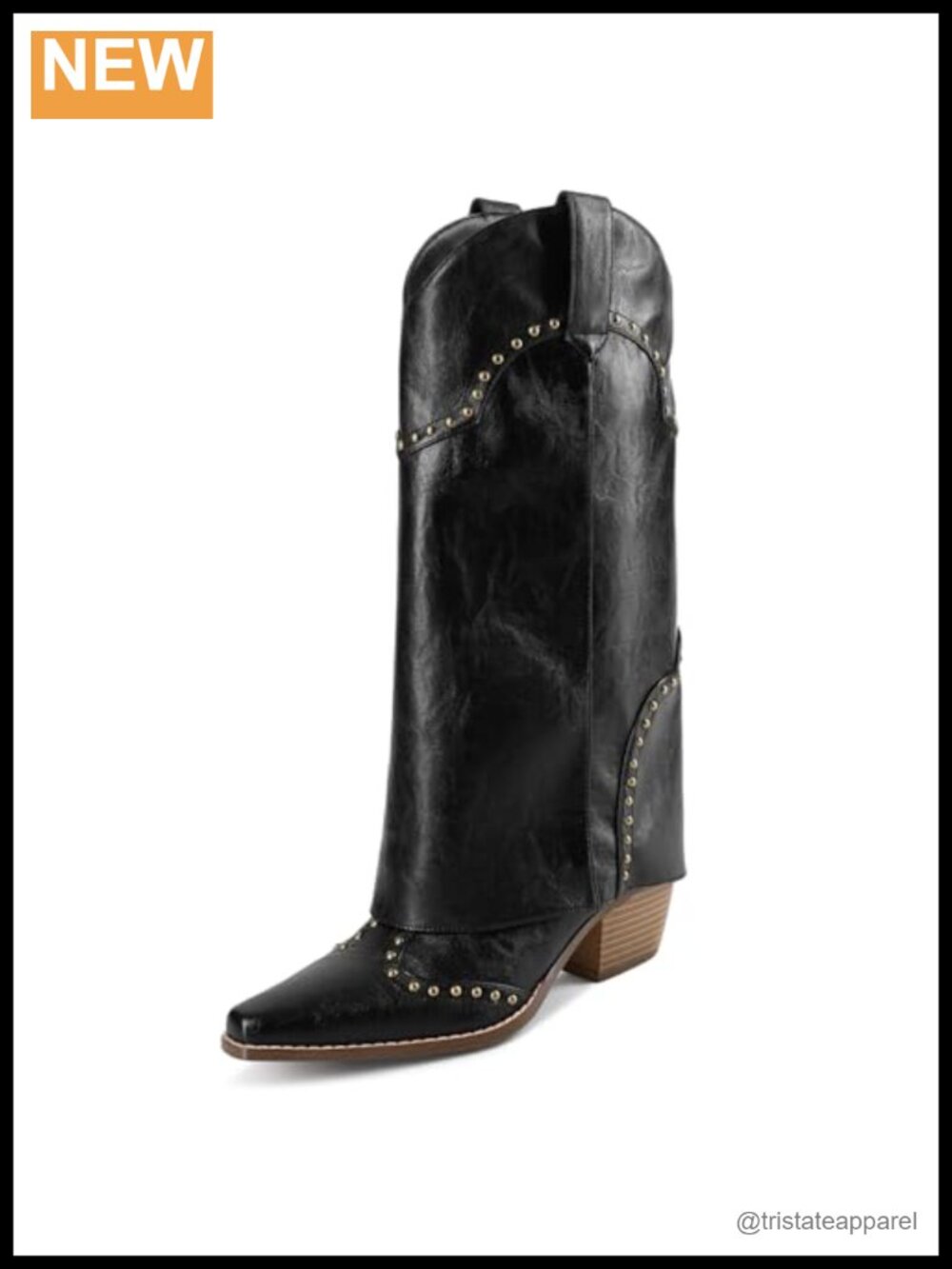 Knee High Fold Over Studded Chunky Heel PU Leather Slip On Dress Boots